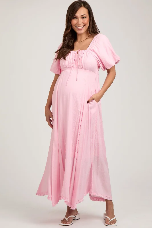 Women's floral dress box pop -Pink Front Tie Puff Sleeve Maternity Maxi Dress