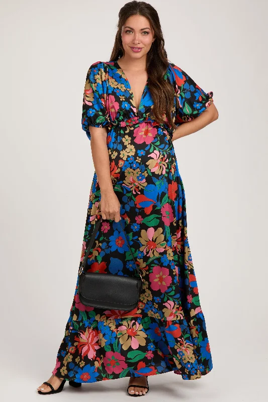 Women's floral dress muse glow -Black Floral Satin Deep V-Neck Puff Sleeve Maternity Maxi Dress