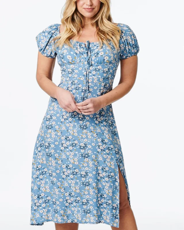 ladies-floral-dress-seasonal-silk-Alba Dress Peasant Style Ditsy Floral Print Blue | Blue