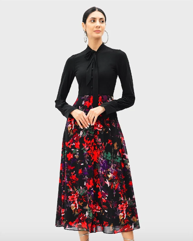 ladies-floral-dress-cerulean-cool-Jersey knit and floral print georgette dress | Black multi