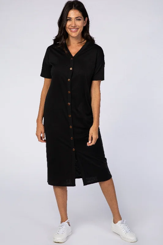 Women's midi dress deal flair -Black Short Sleeve V-Neck Button Detail Midi Dress