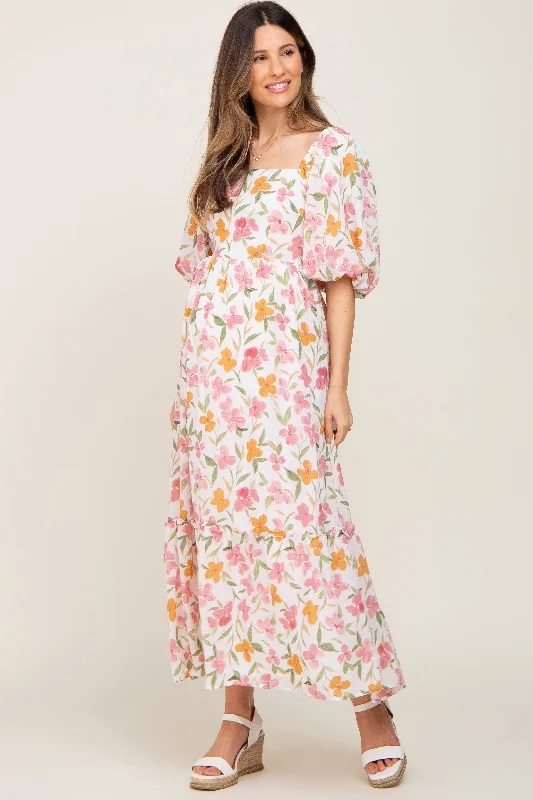 Women's floral dress loud pop -White Floral Puff Sleeve Maternity Maxi Dress