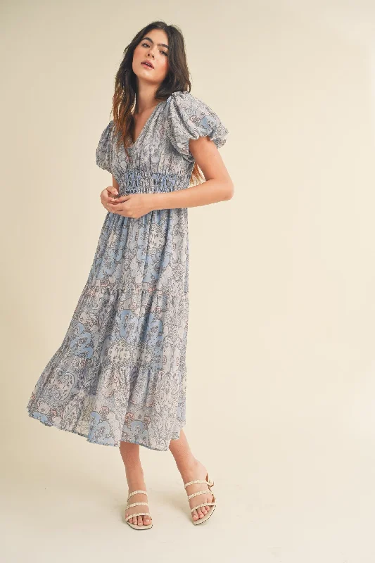 Women's midi dress linen pop -Blue Multi Paisley Bubble Sleeve Midi Dress