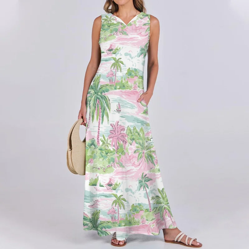 Women's floral dress kin chic -Women's Preppy Pink Green Scenic Island Maxi Dress, Cruise Resort