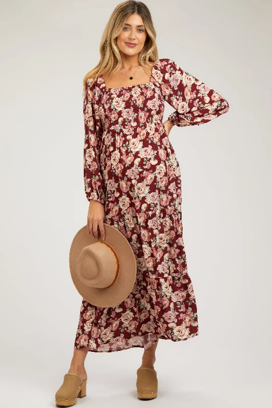 Women's floral dress sun chic -Burgundy Floral Long Sleeve Maternity Maxi Dress