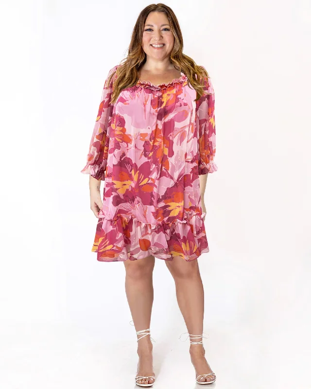 ladies-floral-dress-teal-tide-Babydoll Floral Print Chiffon Dress | Pink