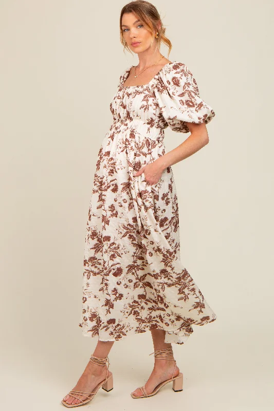 Women's midi dress hand chic -Brown Floral Puff Sleeve Maternity Midi Dress