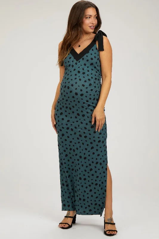 Women's floral dress hush glow -Teal Ribbed Polka Dot Shoulder Tie Maternity Maxi Dress