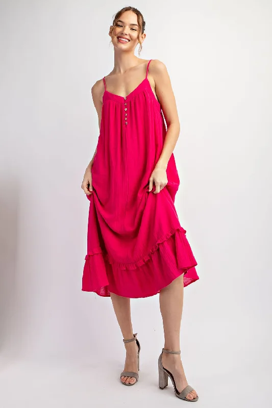 Women's midi dress smooth pop -Fuchsia Button Front Pocketed Midi Dress