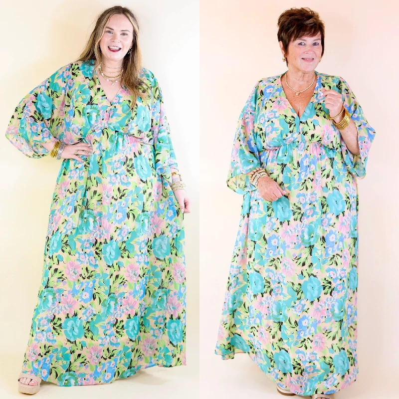 Women's floral dress zesty bloom -Beautifully Botanical V Neck Floral Print Maxi Dress in Blue and Green Mix