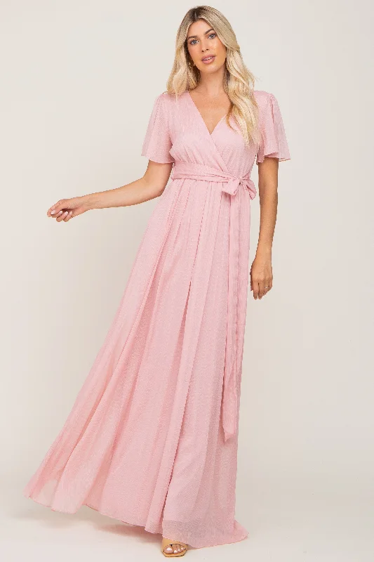 Women's floral dress beat glow -Light Pink Metallic Shimmer Chiffon Maxi Dress