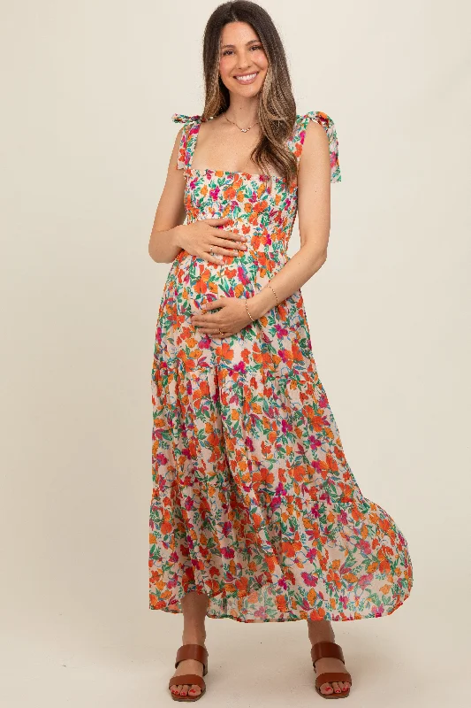 Women's floral dress pinch flair -Cream Multi-Color Floral Smocked Sleeveless Maternity Maxi Dress