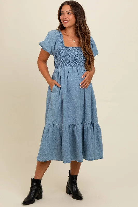 Women's midi dress long pop -Light Blue Vintage Wash Chambray Smocked Maternity Midi Dress