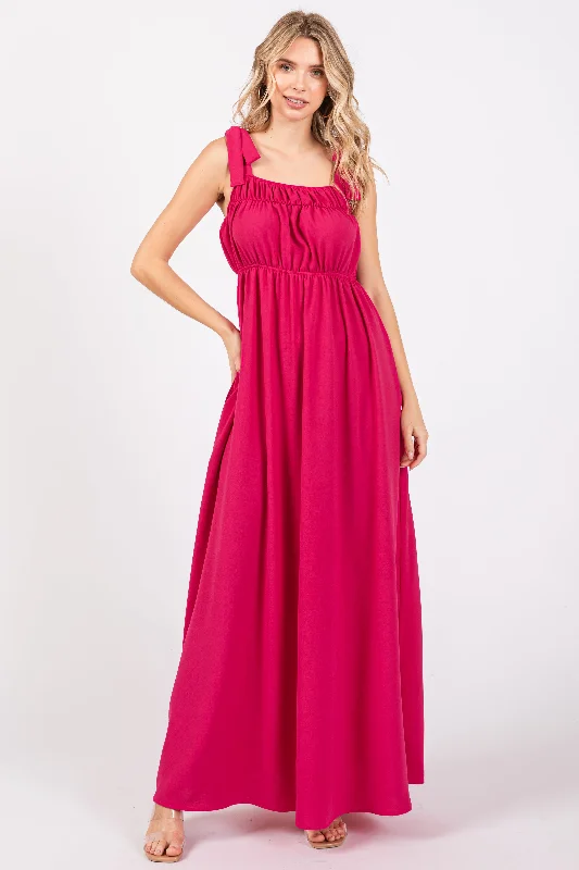 Women's floral dress spin pop -Fuchsia Square Neck Shoulder Tie Maxi Dress