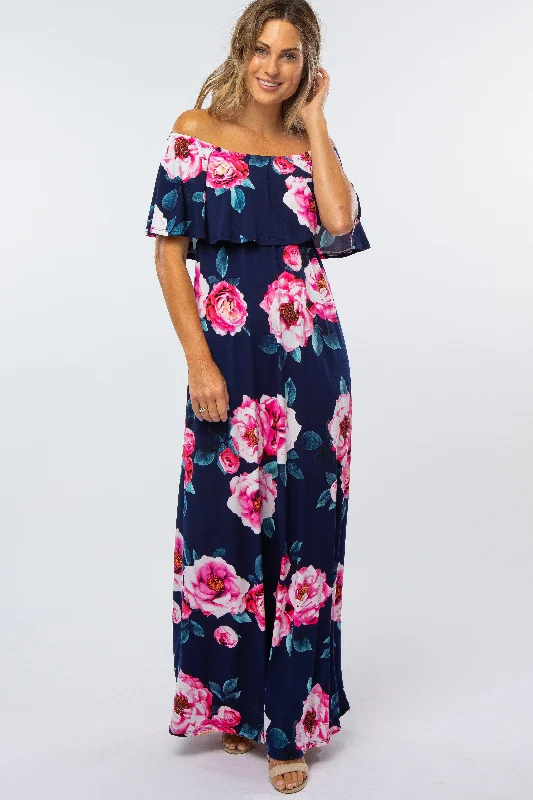 Women's floral dress mist pop -Navy Floral Off Shoulder Flounce Maxi Dress