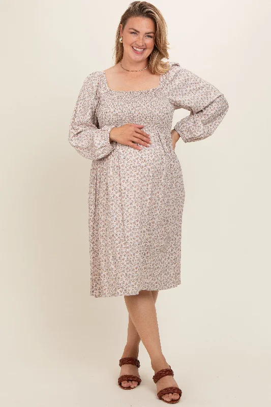 Women's midi dress mauve flair -Beige Floral Print Long Sleeve Maternity Plus Midi Dress