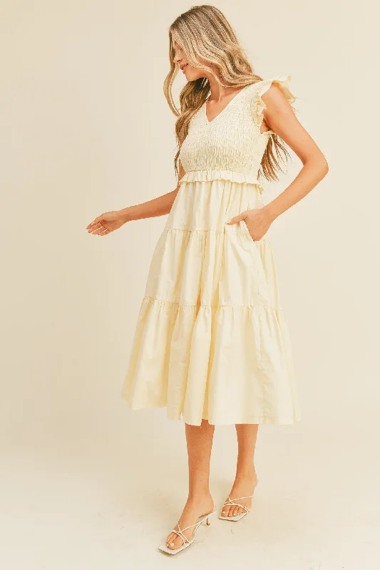 Women's midi dress wide flair -Cream Smocked Flutter Sleeve Tiered Midi Dress