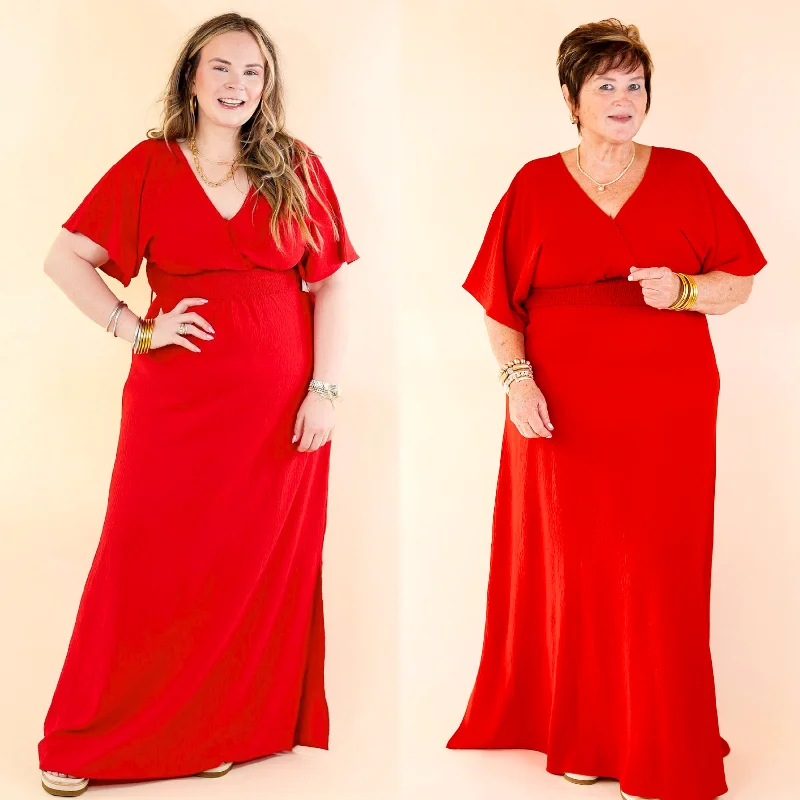 Women's floral dress dusk bloom -Wildly In Love V Neck Maxi Dress with Smocked Waist in Red