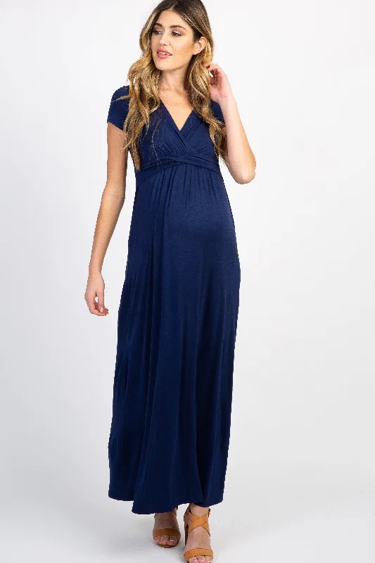 Women's floral dress drift bloom -PinkBlush Navy Draped Maternity/Nursing Maxi Dress