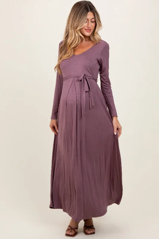 Women's floral dress trek chic -Mauve V-Neck Long Sleeve Sash Tie Maternity Maxi Dress