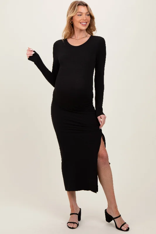 Women's midi dress edge chic -Black Ruched Tie Side Slit Maternity Midi Dress