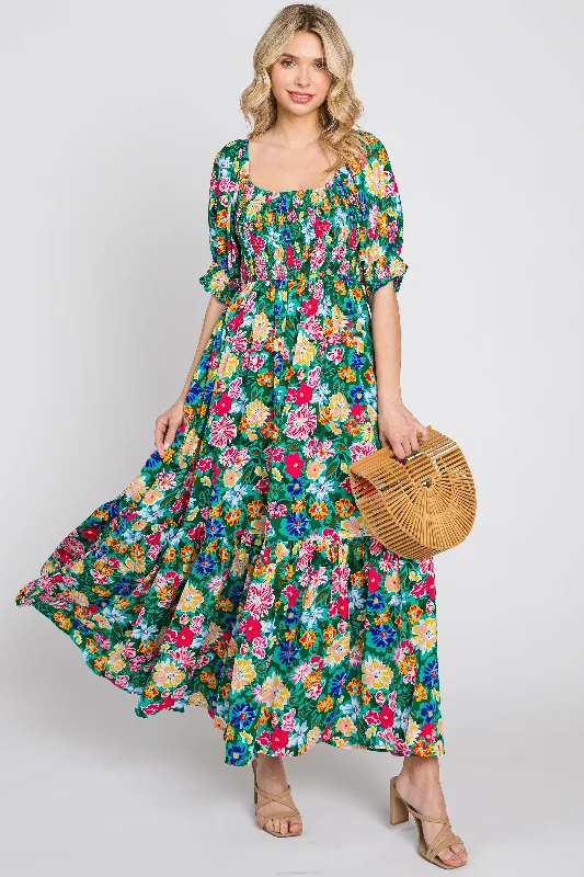 Women's floral dress glee chic -Green Floral Smocked Puff Sleeve Maxi Dress