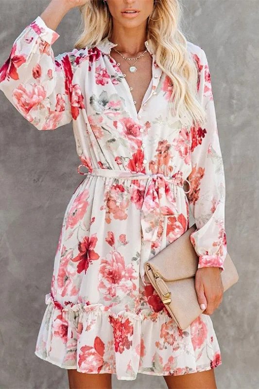 ladies-floral-dress-slit-sunset-Floral Button Front Deep Modern V Beach Ruffle Dress