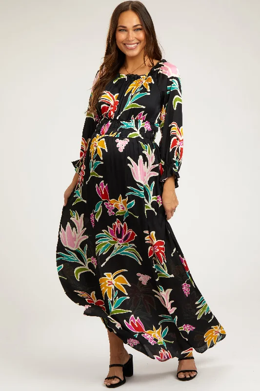 Women's floral dress night flair -Black Floral Ruffle Neck Maternity Maxi Dress