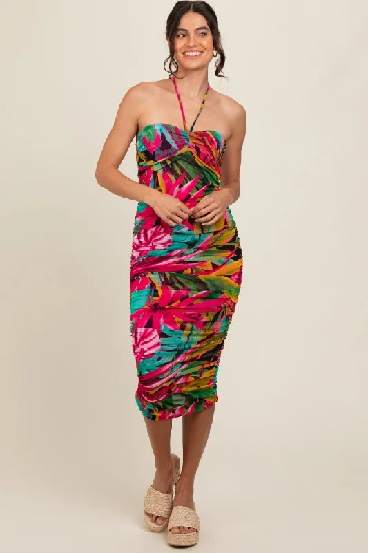 Women's midi dress glee glow -Fuchsia Tropical Halter Fitted Midi Dress