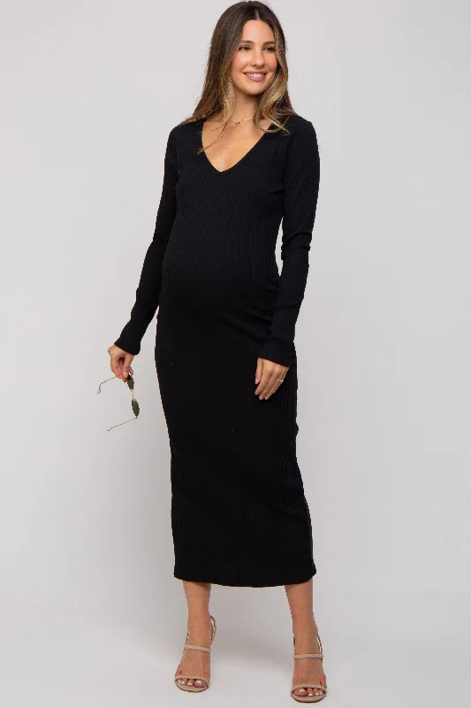 Women's floral dress sheen flair -Black Ribbed Long Sleeve Maternity Maxi Dress