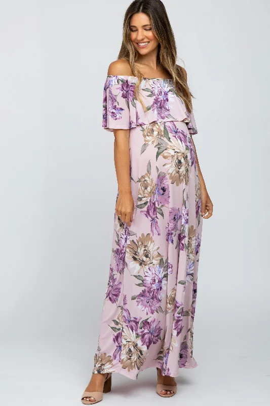 Women's floral dress bloom chic -Lavender Floral Flounce Off Shoulder Maternity Maxi Dress