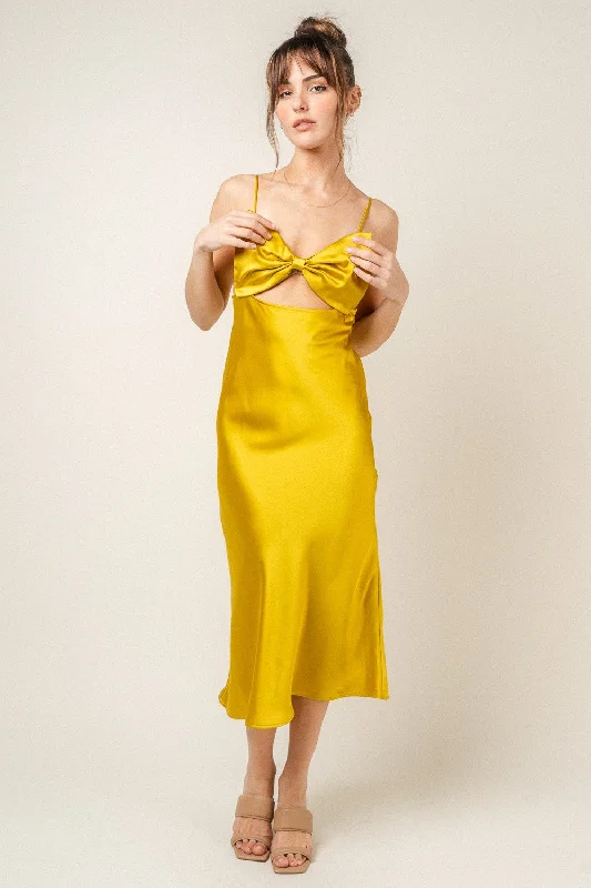 Women's midi dress wink glow -Yellow Bow Satin Slip Midi Dress