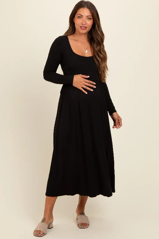 Women's midi dress spin flair -Black Square Neck Long Sleeve Maternity Midi Dress