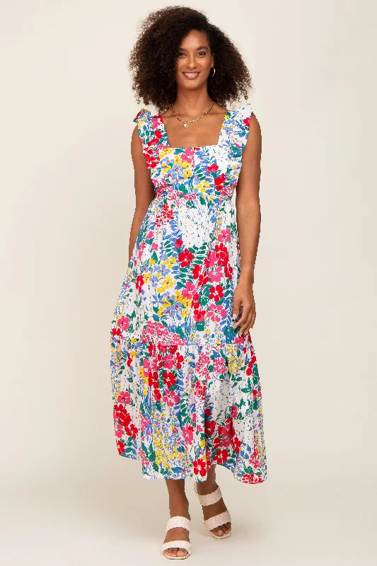 Women's floral dress glint pop -Multicolor Floral Ruffle Accent Maxi Dress