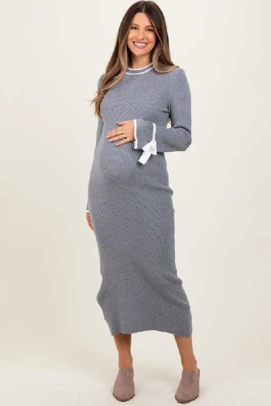 Women's midi dress coral glow -Grey Knit Bow Detail Sleeve Maternity Midi Sweater Dress