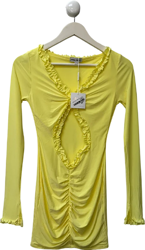 ladies-mini-dress-cinnamon-cool-Public Desire Frill Detail Cut Out Ruched Mini Dress Yellow UK 8