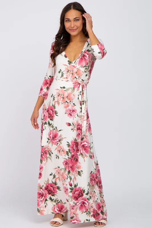 Women's floral dress trek chic -Cream Floral Maternity Wrap Maxi Dress