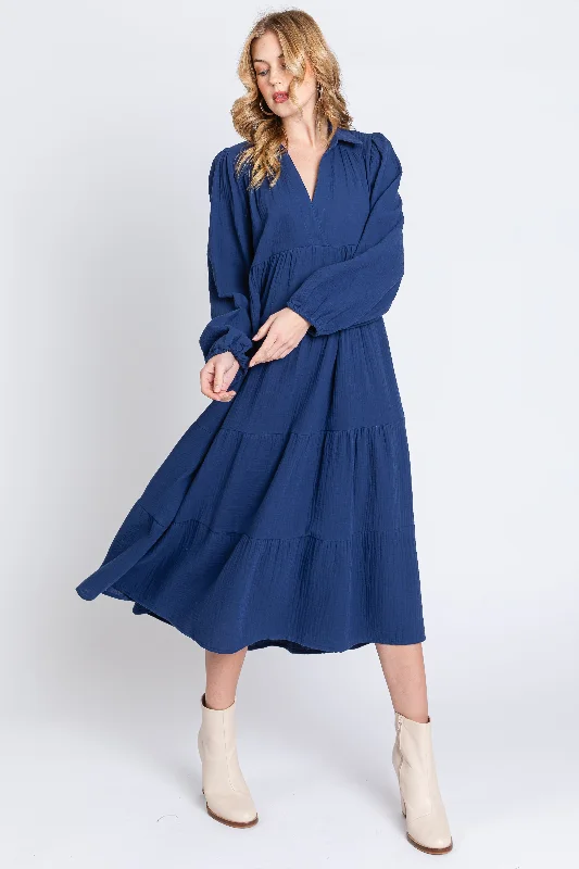 Women's midi dress stark pop -Navy Light Weight Collared Tiered Midi Dress