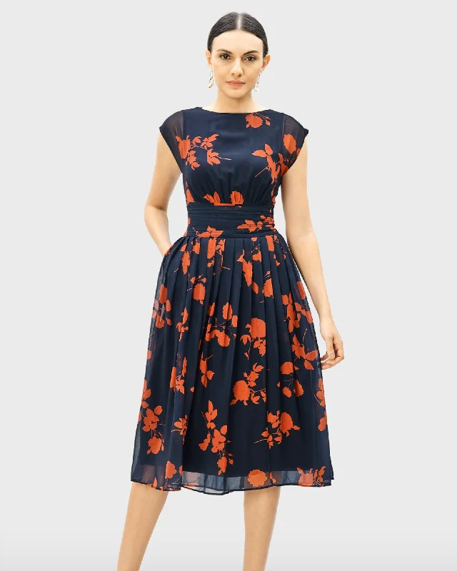 ladies-floral-dress-heather-hush-Floral Print Georgette Pleated Empire Dress | Navy