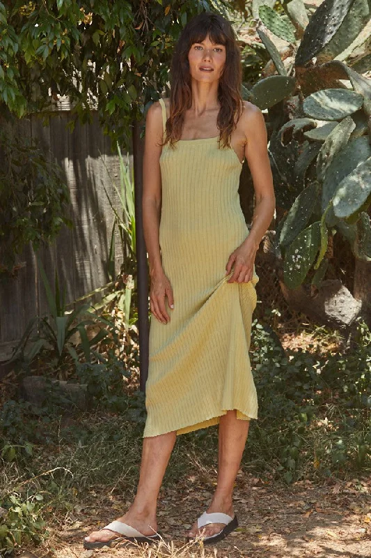 Women's midi dress edge chic -Yellow Square Neck Ribbed Sleeveless Midi Dress