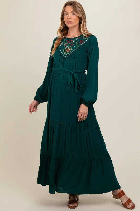 Women's floral dress sway bloom -Dark Teal Embroidered Maternity Tiered Maxi Dress