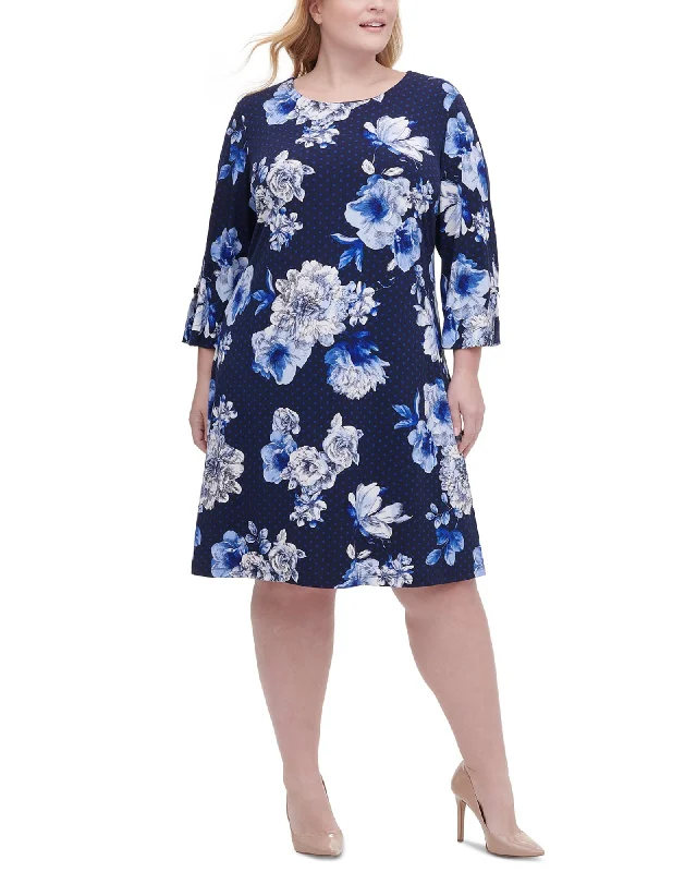 ladies-floral-dress-date-night-dusk-Tommy Hilfiger Women's Plus Size Floral-Print Grommet-Sleeve Dress Blue Size 22W | Blue