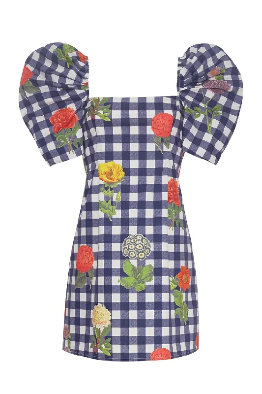 ladies-floral-dress-rust-rose-Kelly Dress | Gingham Floral Navy