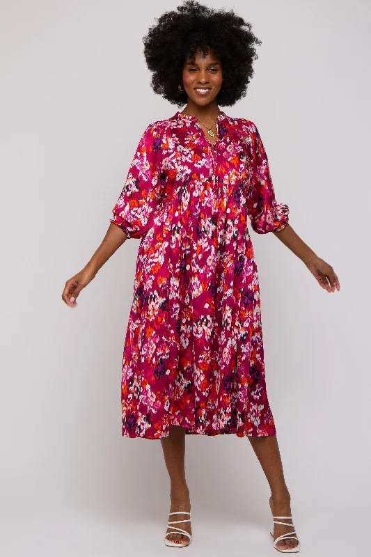 Women's midi dress easy flair -Magenta Floral Satin Ruffle Neck Midi Dress