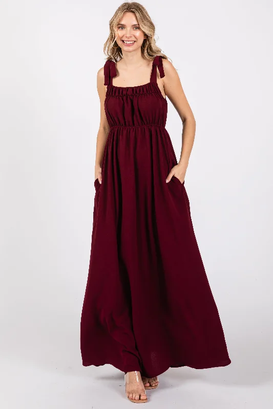 Women's floral dress task glow -Plum Square Neck Shoulder Tie Maxi Dress