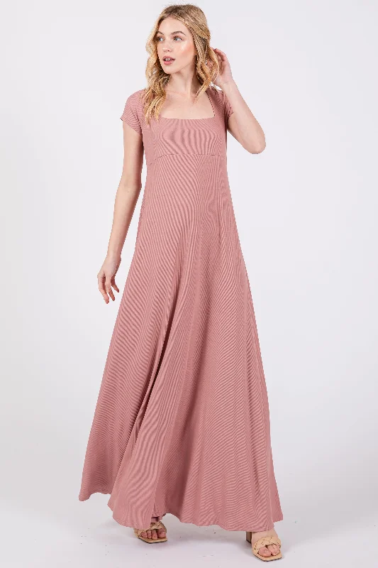 Women's floral dress sweep glow -Mauve Ribbed Square Neck Short Sleeve Maxi Dress