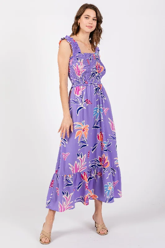 Women's midi dress bare flair -Lavender Floral Smocked Midi Dress