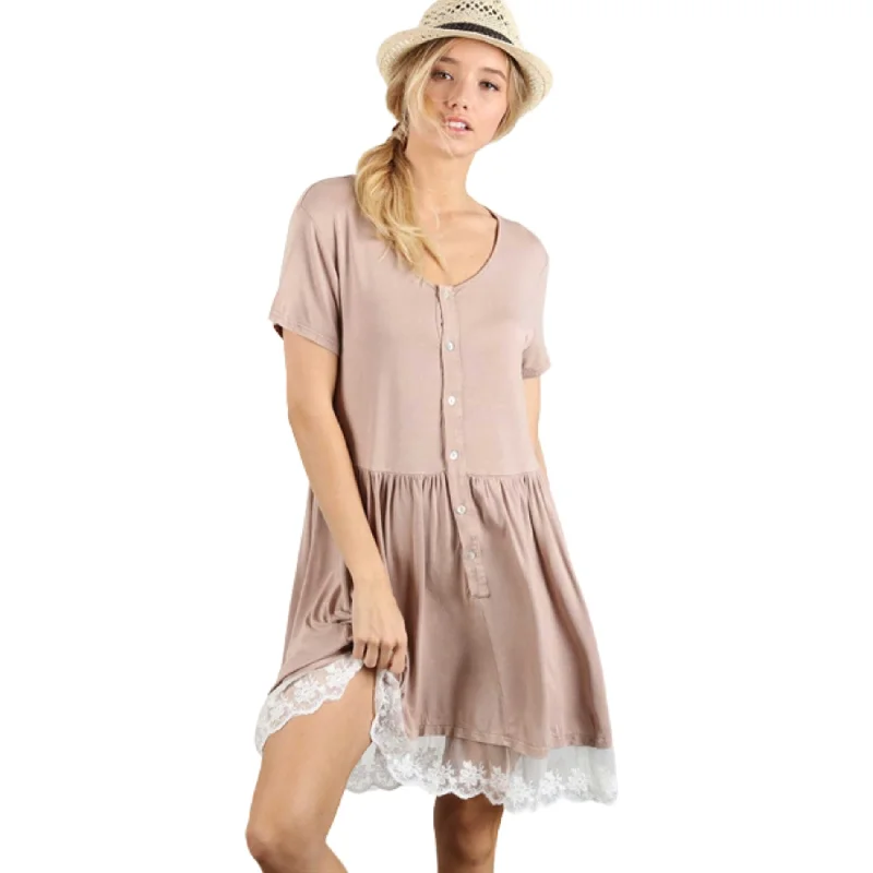 ladies-mini-dress-metallic-moxie-POL Lace Trim Ruffle Hem Button Closure T-shirt Mini Dress