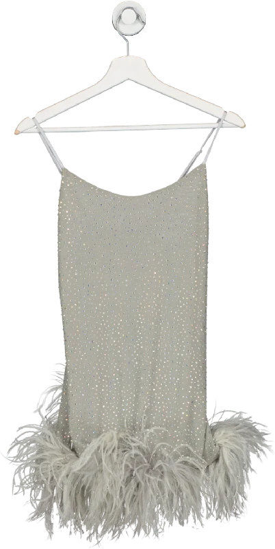 ladies-mini-dress-beach-babe-Leslie Amon Grey Laurie Feather Trimmed Rhinestone Crepe Mini Dress UK S