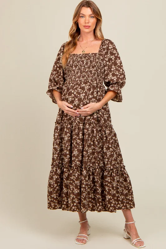 Women's midi dress warm pop -Brown Smocked Tiered Pocketed Maternity Midi Dress